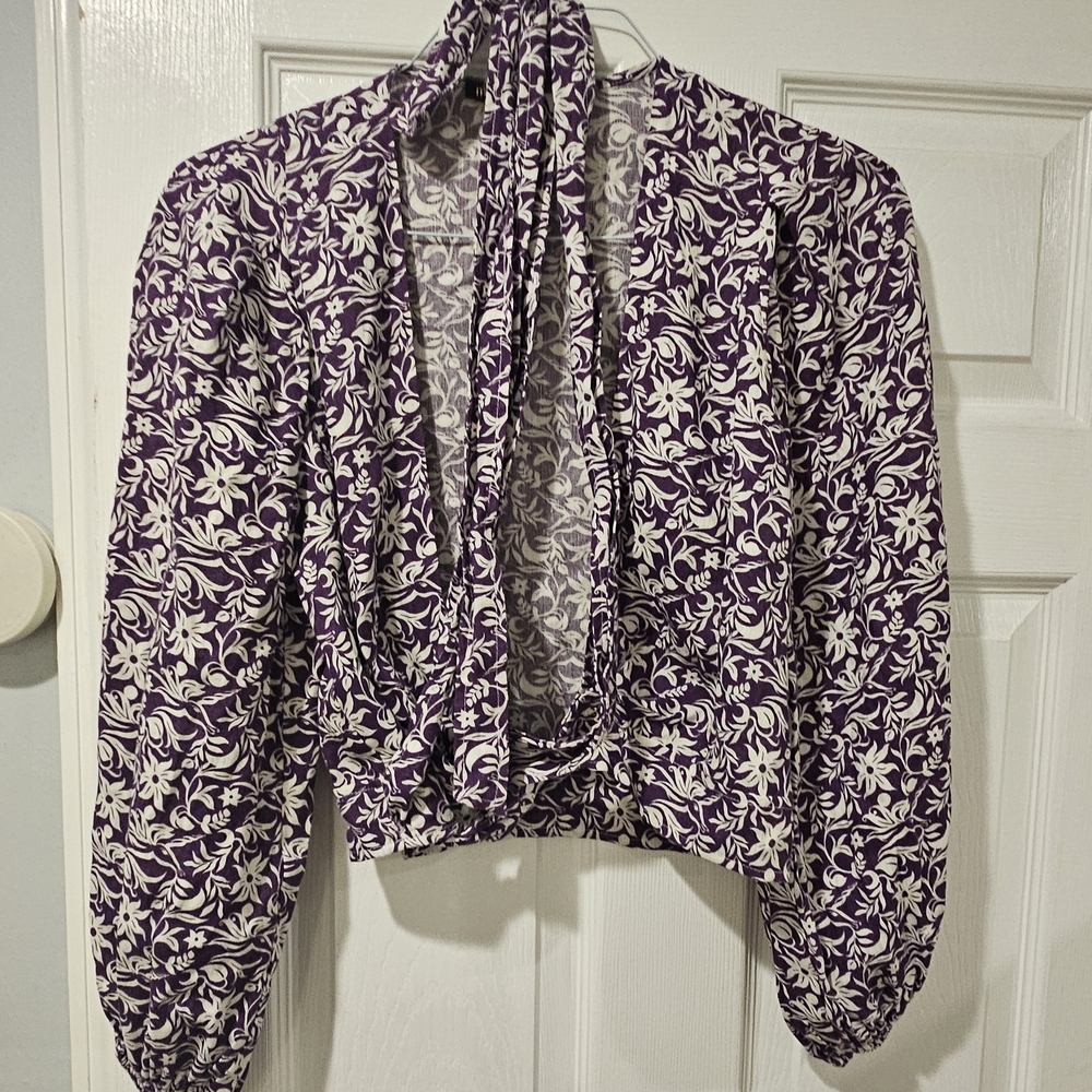 Maje Blue and White Long Sleeve Crop Blouse